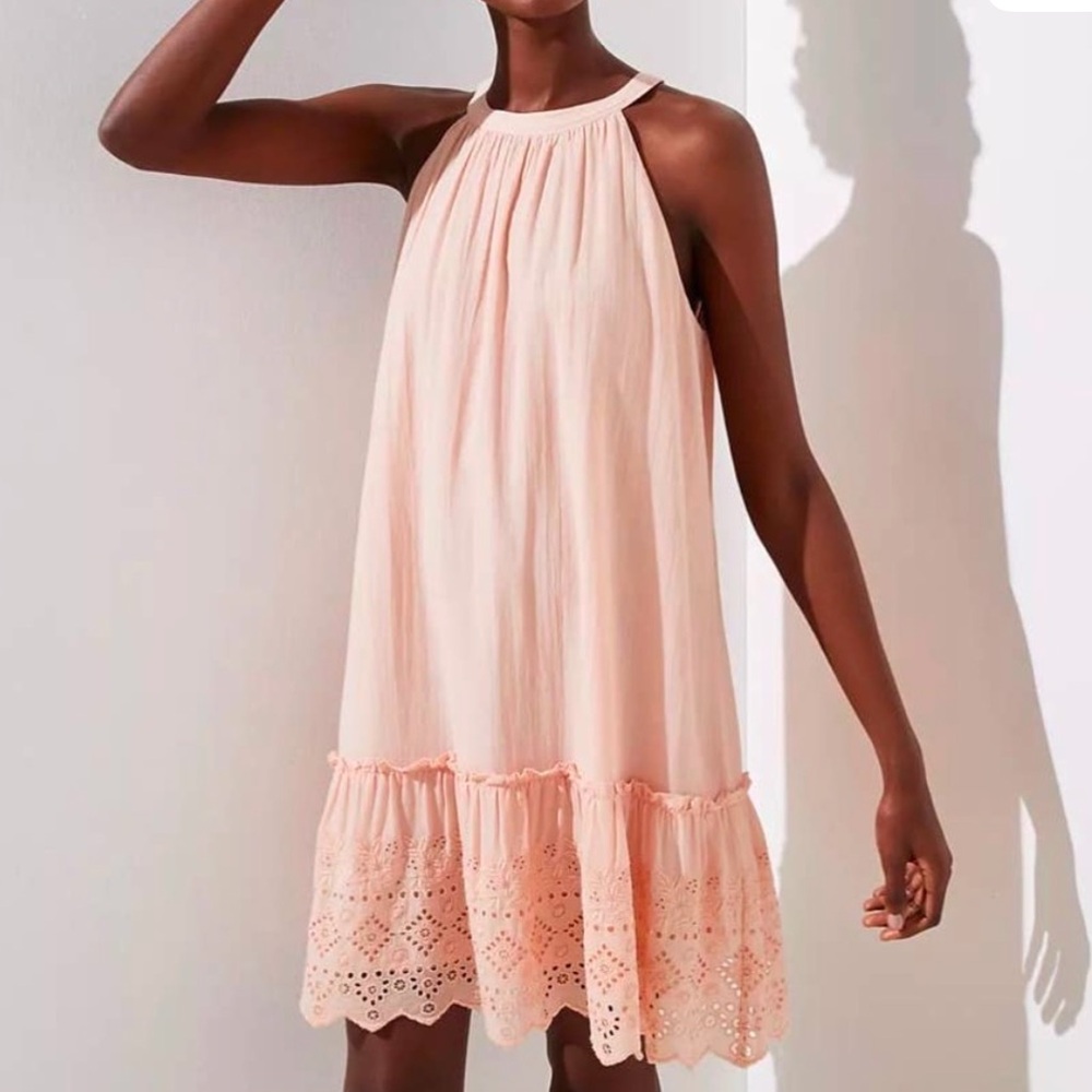 LOFT Peach Viscose High Neck A-line Dress Eyelet M
